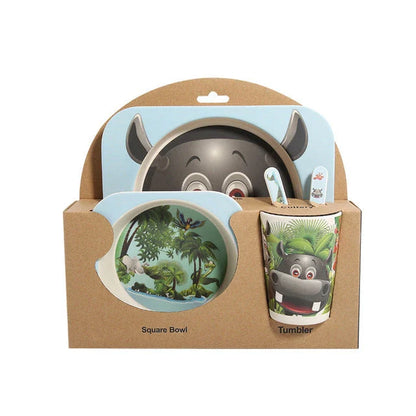 Five-piece bamboo fibre children's tableware set with vibrant animal-themed designs