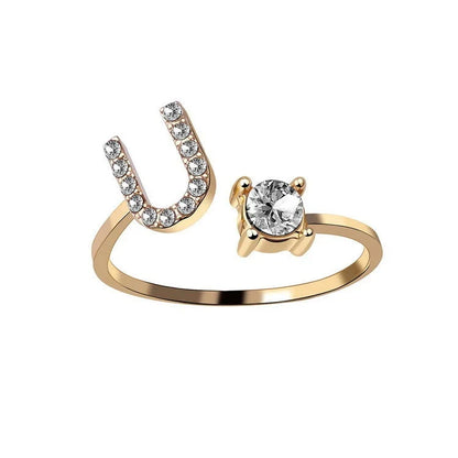 Elegant 26-letter adjustable initial ring in gold, silver, and rose gold finishes