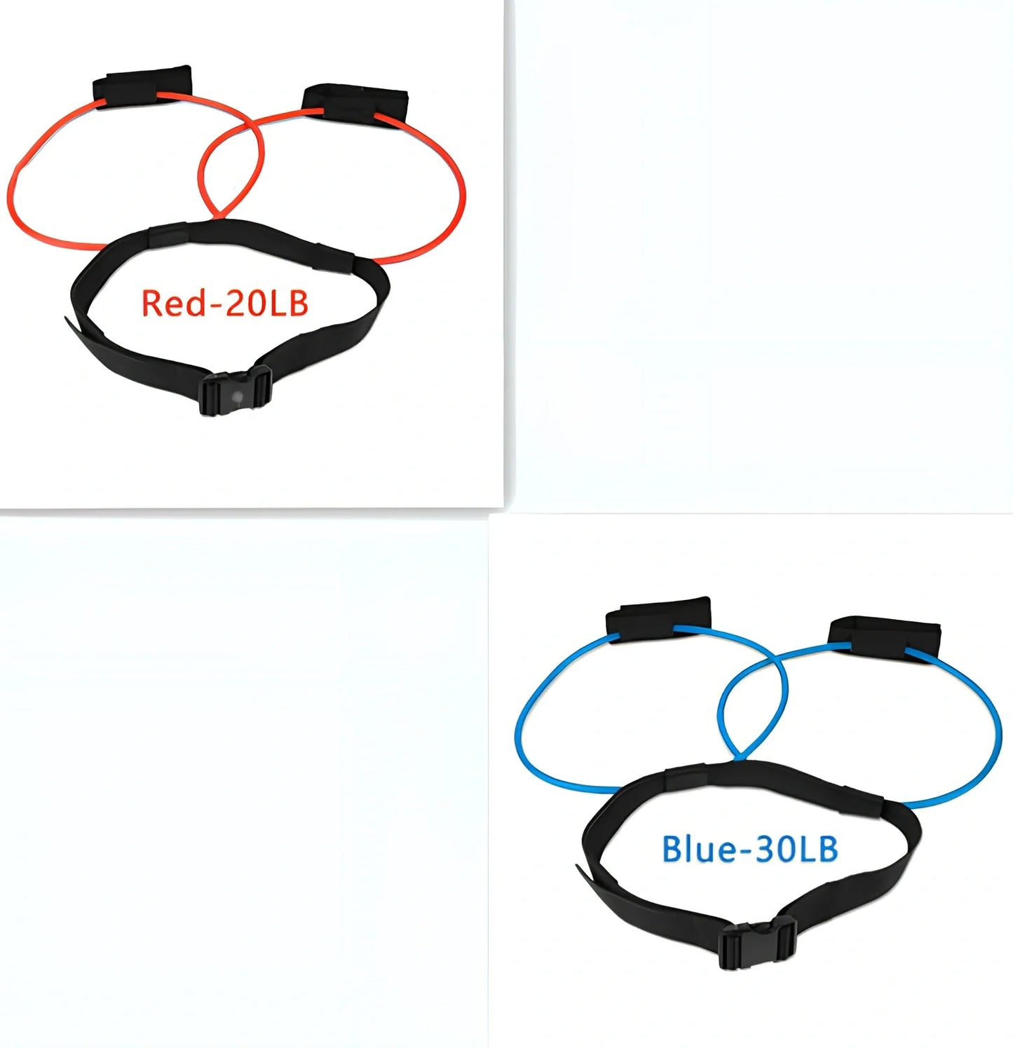 Women's adjustable waist resistance band with colour-coded latex tubes and pedal exerciser foot straps