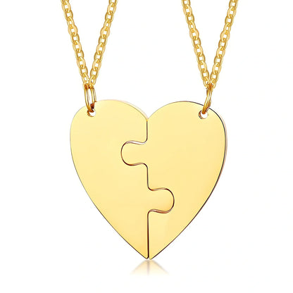 Heart-shaped titanium steel friendship pendant set in silver, gold, black with optional 51-80cm chain, rust-resistant two-piece unisex jewellery