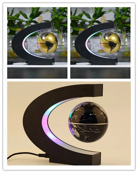 Magnetic levitation globe floating above base with LED light on