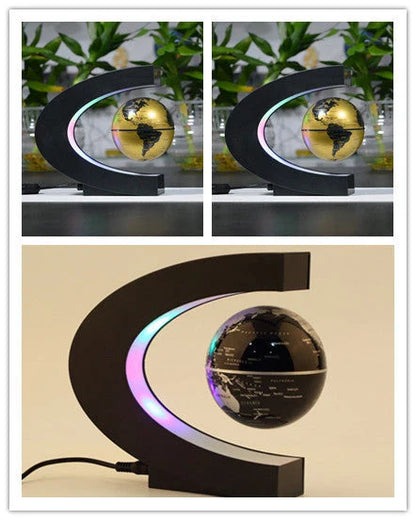 Magnetic levitation globe floating above base with LED light on