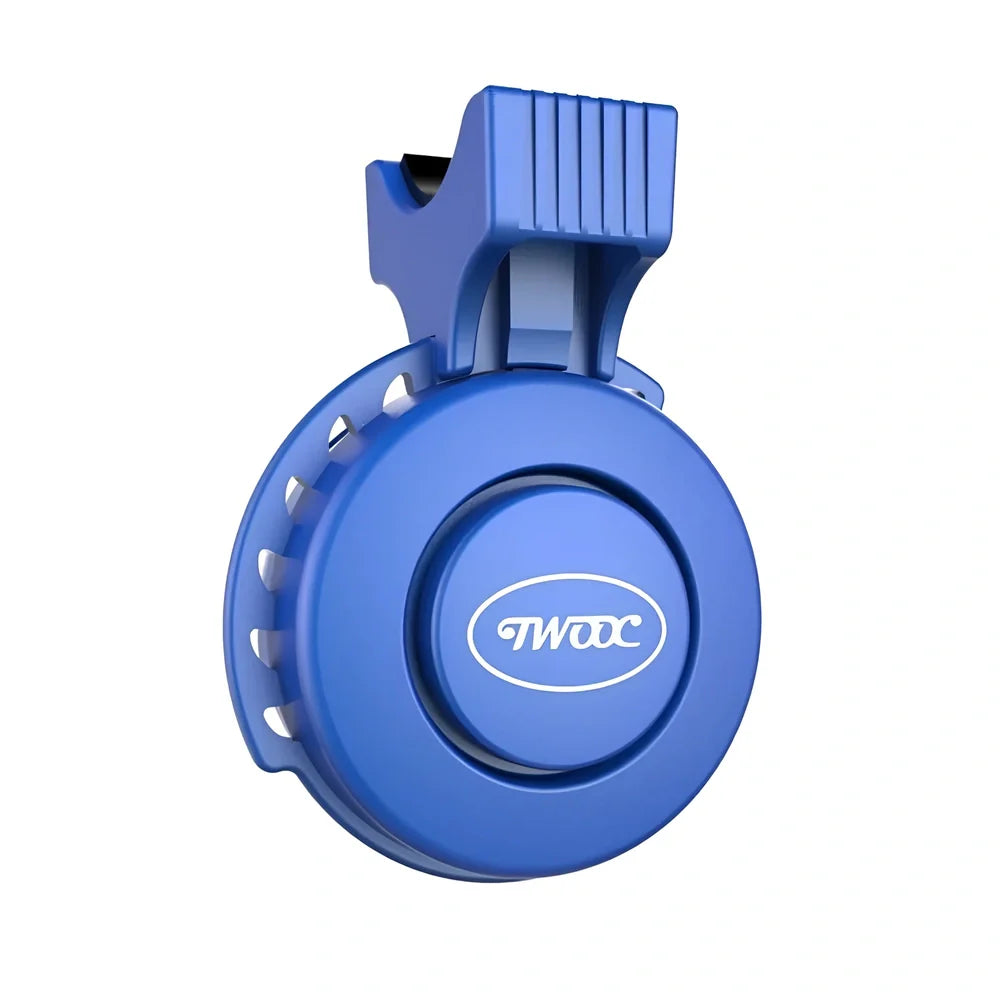 Compact black TWOOC T-002 bicycle electronic horn with wired switch, 110-120dB sound modes, mounted on handlebar via rubber strap