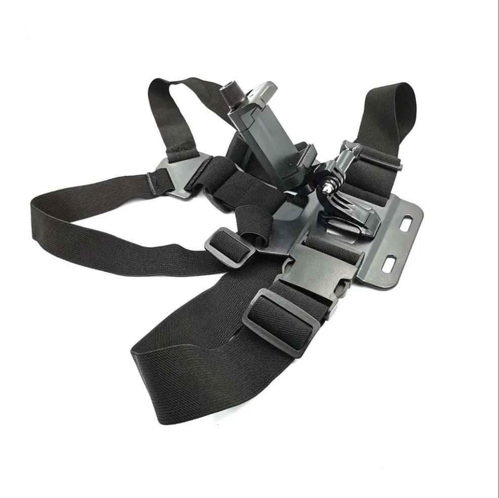 Chest strap holder with plastic clip and adjustable nylon straps for mobile phone or sports camera mounting