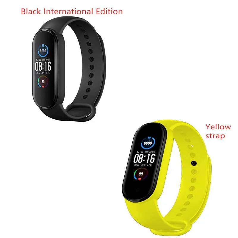 Xiaomi Mi Band 5 fitness tracker with 1.1 inch AMOLED screen and black TPU wristband