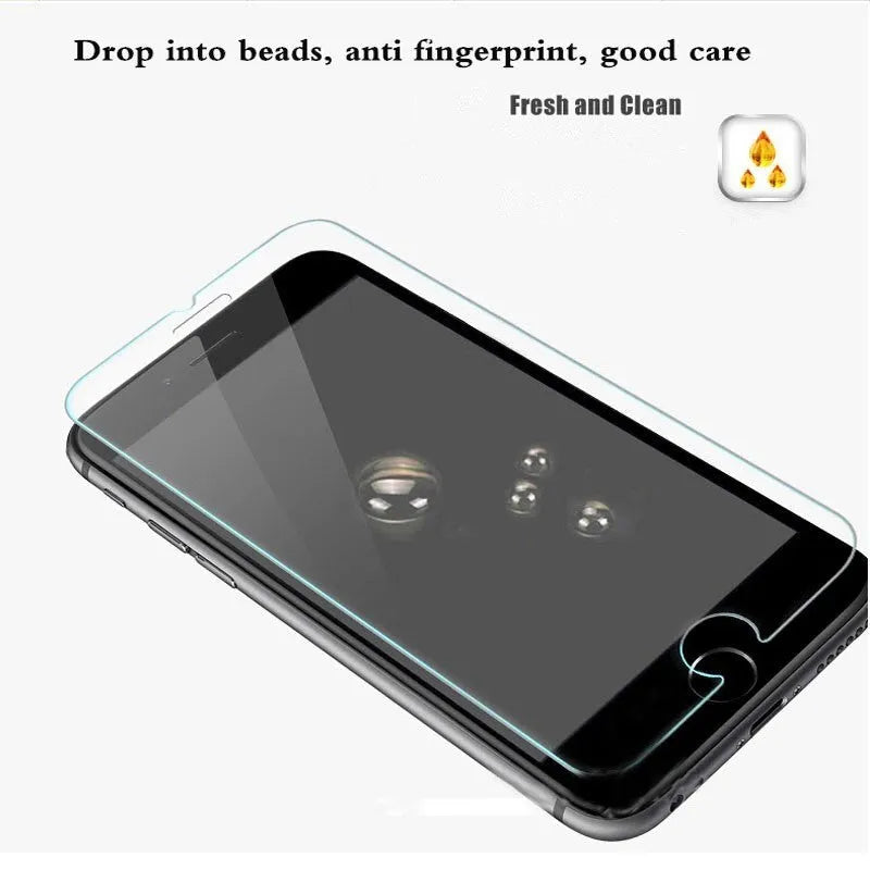 Tempered glass screen protector with 9H hardness and oleophobic coating for mobile phones.