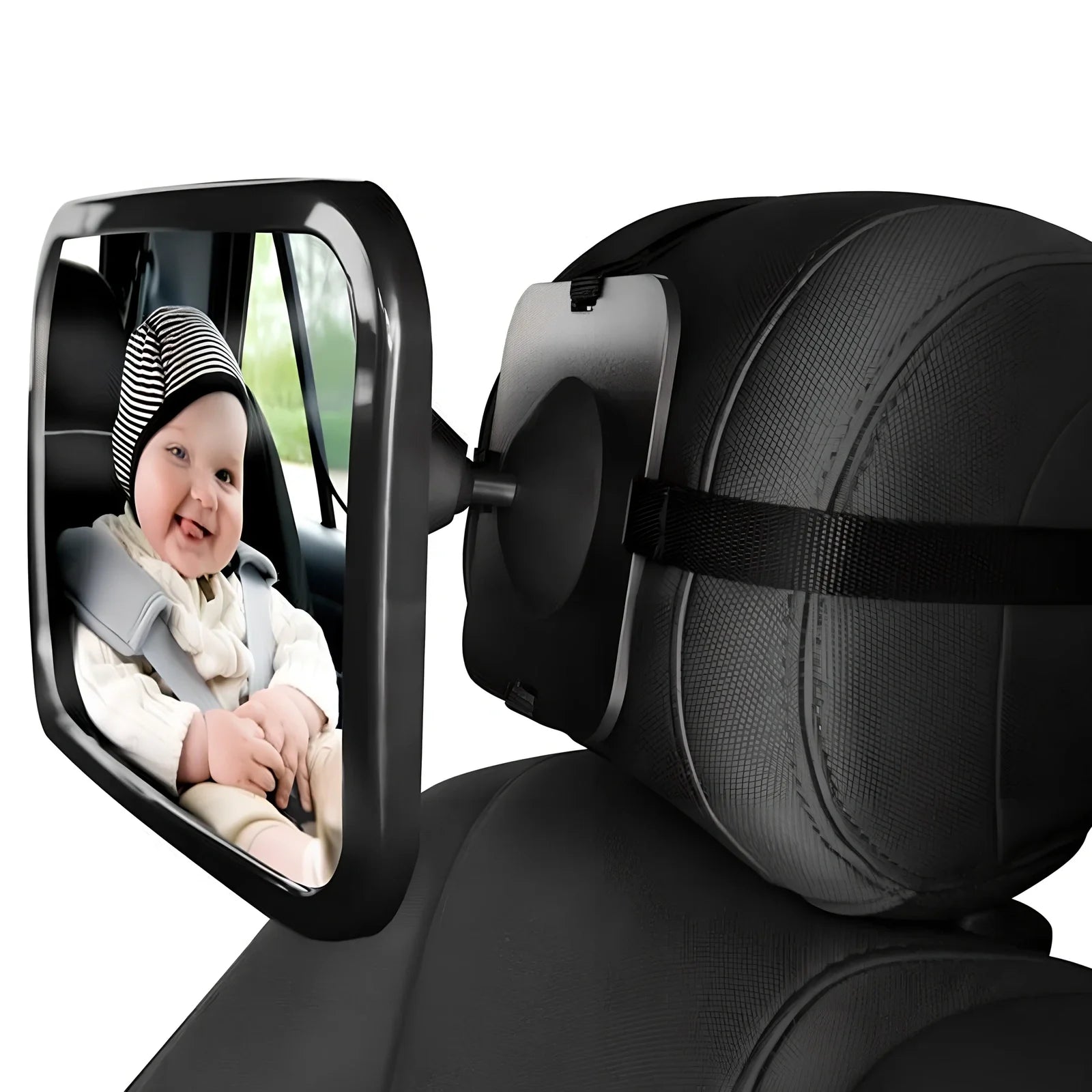 Black adjustable baby car rear view mirror, 26.5 cm long, mounted on headrest for clear rear seat visibility