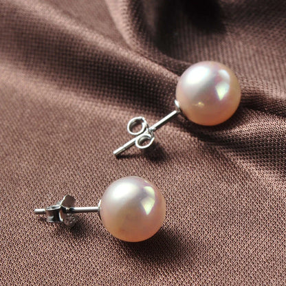 S925 silver pearl earrings with natural shell pearls in white or pink, sizes 6mm or 8mm