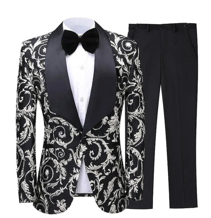 Men's two-piece black suit with single-breasted one-button blazer, green fruit collar, and matching trousers, loose fit