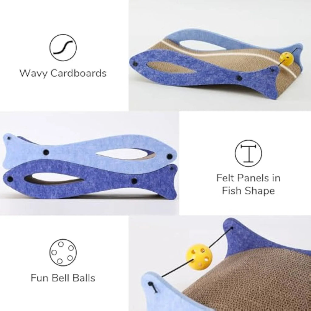 Blue fish-shaped cardboard cat scratcher lounge with a red bell toy for indoor cats.