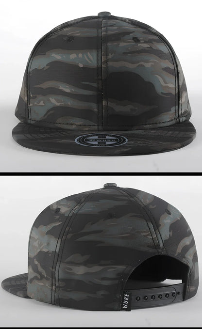 Adjustable black baseball cap in camouflage cotton, 55-61cm fit, 12cm height, 7cm brim, 0.1kg weight for outdoor use
