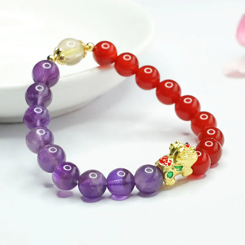 Amethyst and red agate Chinese style bracelet with 8mm round beads on an elastic string.