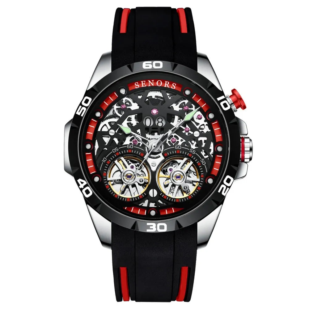 Men's automatic mechanical skeleton watch with luminous hands on a wrist, showing blue or red colour variant.