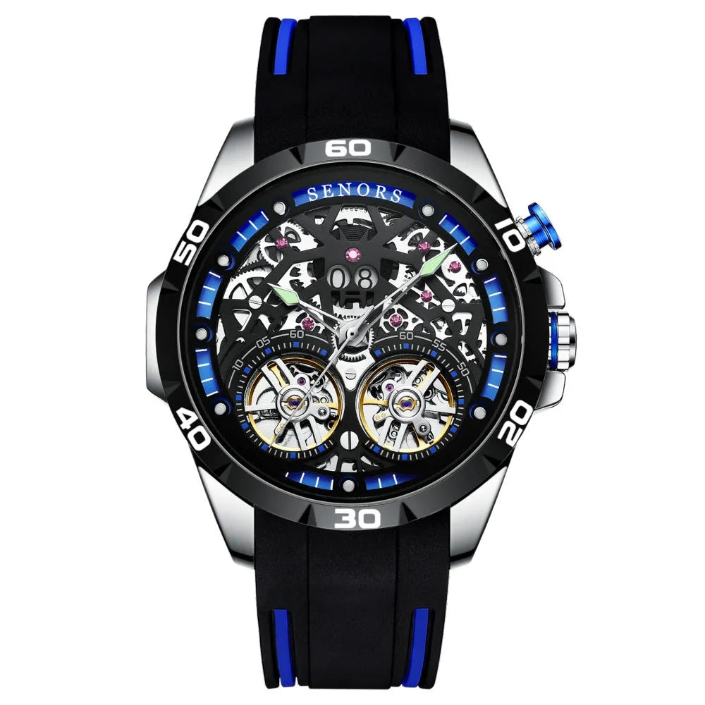 Men's automatic mechanical skeleton watch with luminous hands on a wrist, showing blue or red colour variant.
