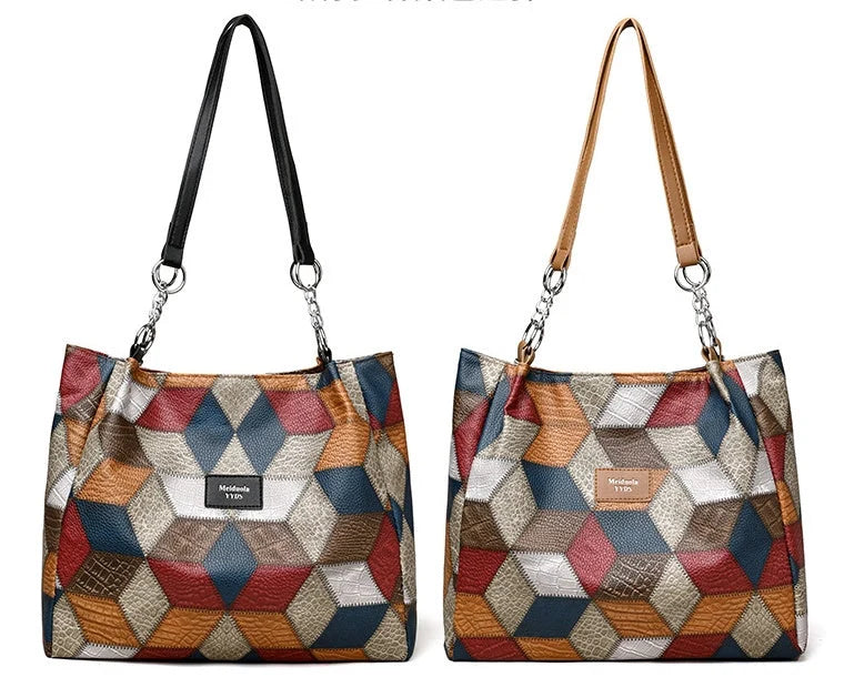 Retro geometric pattern shoulder bag for women in black and yellow