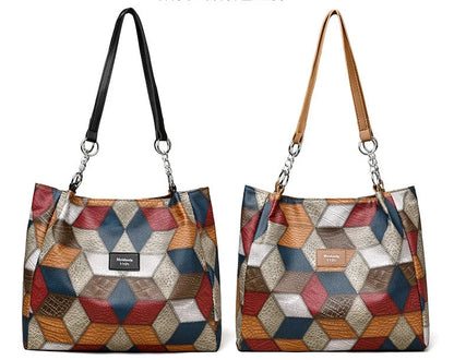 Retro geometric pattern shoulder bag for women in black and yellow