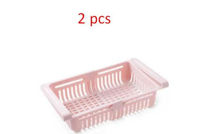 Stretchable refrigerator storage basket in white, blue, pink, and apricot colours