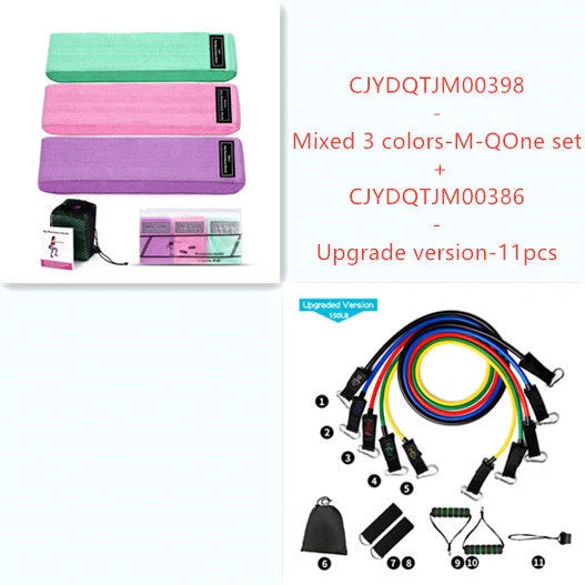 Latex mesh squat resistance band in lake blue, pink, and purple for hip and leg strengthening