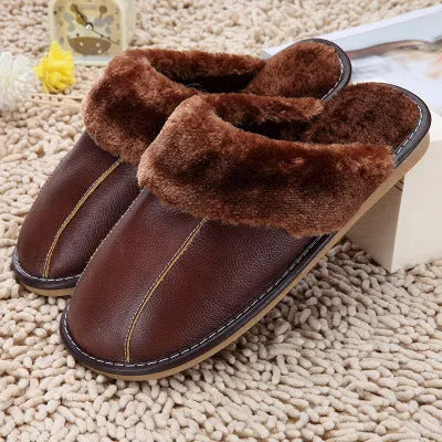 Baotou slippers with leather upper and anti-skid sole, available in candy colours for indoor winter wear