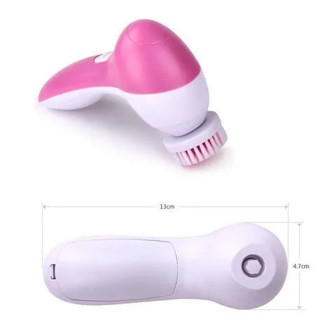 Electric facial cleanser brush with 5 attachments in pink, compact size, on white background