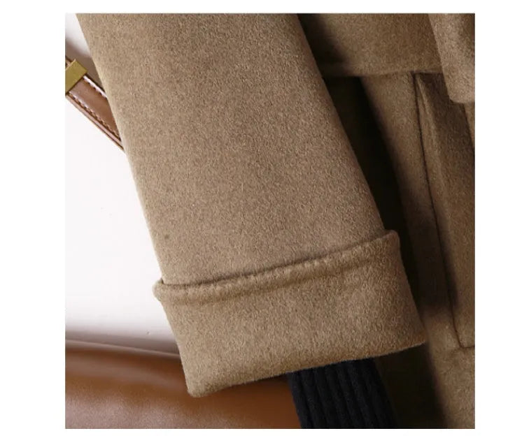 Women's knee-length wool coat with a long suit collar in black and caramel colours