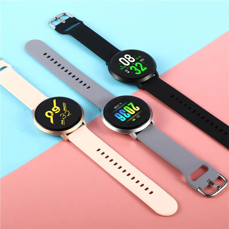 Ultra-thin black smart health bracelet with a silicone strap and a 1.3-inch touchscreen display.
