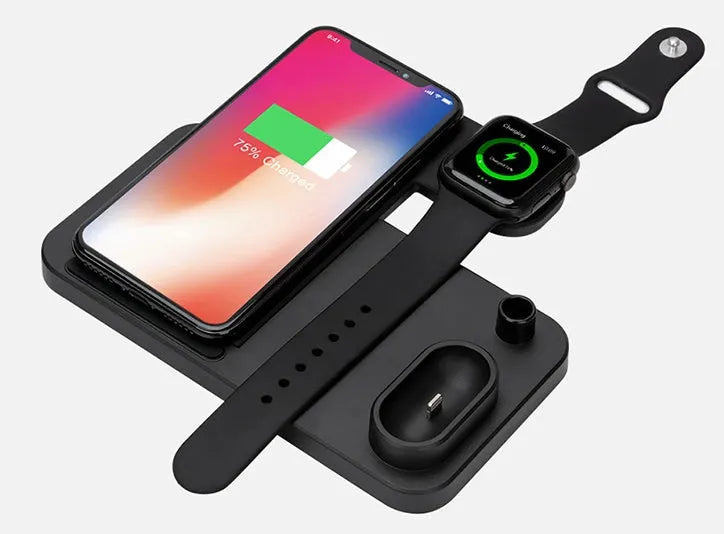 Black 4-in-1 wireless charging station showing phone on adjustable stand, with Apple Watch and AirPods charging on the base.