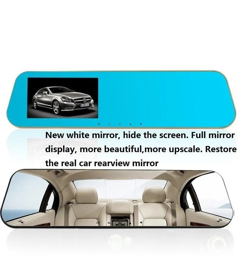 White glass mirror driving recorder with 140 degree angle mounted over car rearview mirror