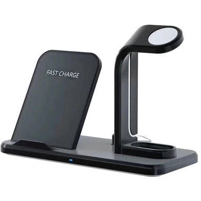 Black wireless charger bracket showing phone charging position with 10W output and dual USB ports