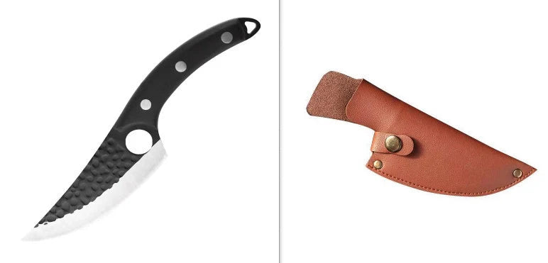 Hand hammered stainless steel boning knife with leather case