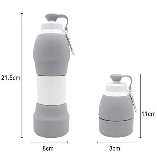Collapsible silicone water bottle in various colours, showing folded and unfolded states