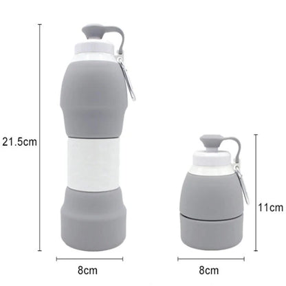 Collapsible silicone water bottle in various colours, showing folded and unfolded states