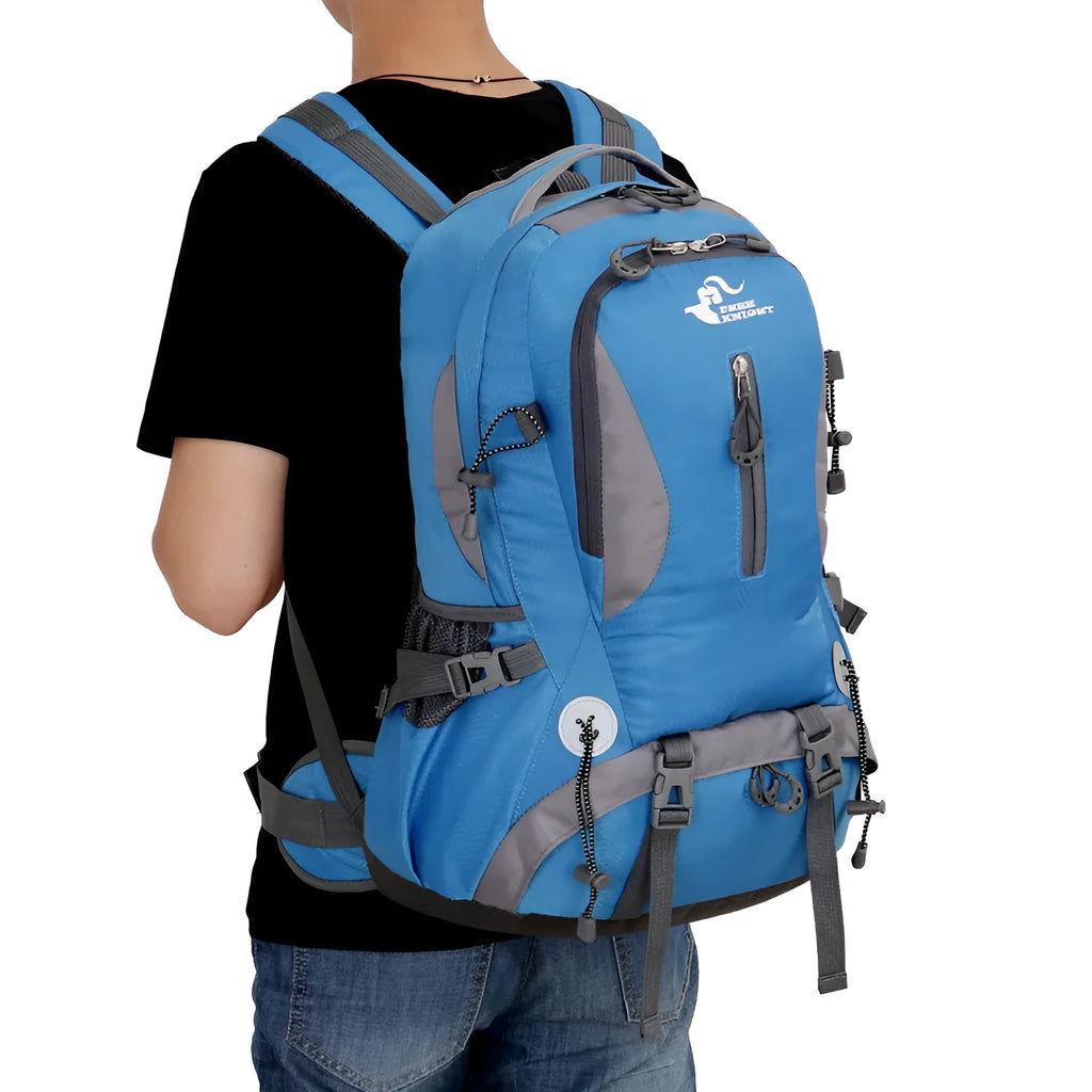 Outdoor waterproof nylon mountaineering bag 36-55L in black for hiking and camping