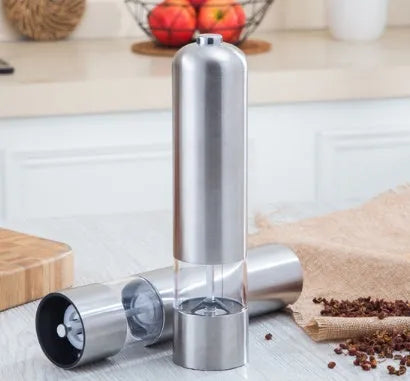 Silver electric salt and pepper grinder set stainless steel and acrylic glass 22.3cm tall