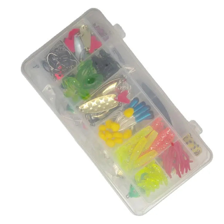 142-piece fishing lure set showing metal hard minnows, plastic sequin baits, and fishing pliers