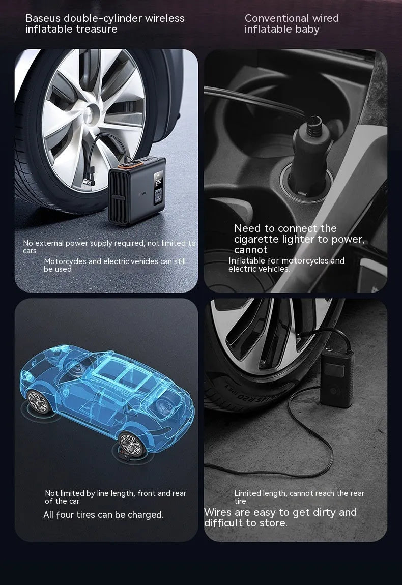 Black wireless car tyre inflator with LED light showing dimensions 230x64x99mm