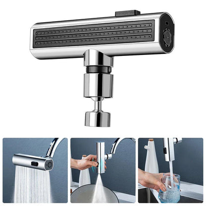 Premium waterfall kitchen faucet with brushed nickel finish, 3-in-1 spray modes, and 360-degree swivel spout