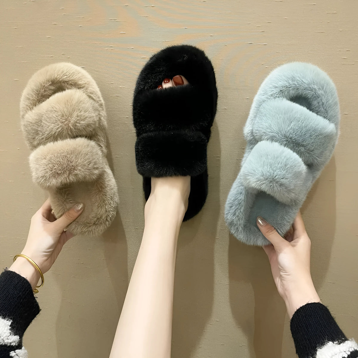 Women's fuzzy slippers in beige with faux fur upper and thick rubber sole, slip-on style for home use