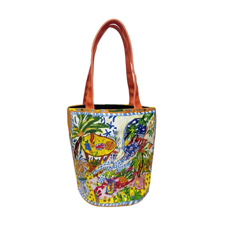 Dream garden orange plush bucket handbag with canvas lining and internal zipper compartment