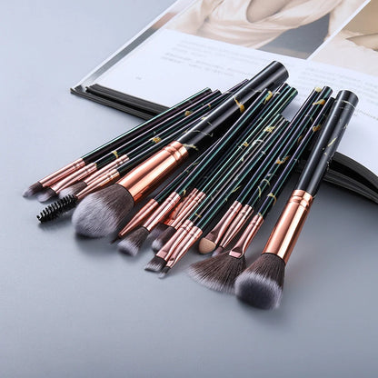 15-piece marbled design makeup brushes set with nylon bristles and wooden handles
