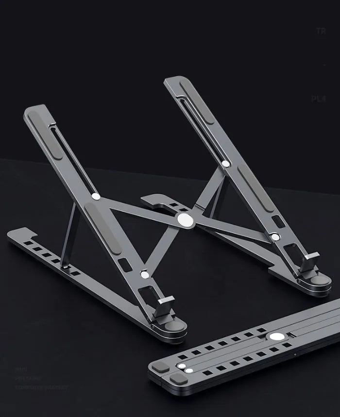 Foldable aluminium laptop stand in silver colour supporting a laptop, shown in open and closed positions.