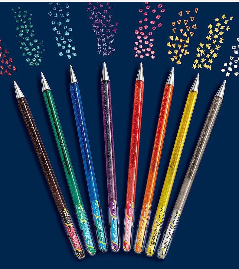 K110 pearlescent glitter 1.0mm gel pen in eight colour options showing black, blue, green, orange, pink, purple, silver, and yellow variations
