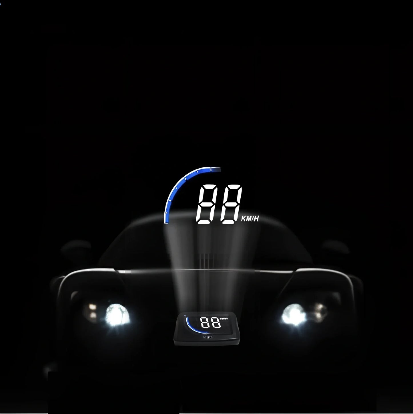 Black A101 OBD HUD display unit, 3-inch LED screen, 80mm x 50mm x 14mm size, showing speed projection