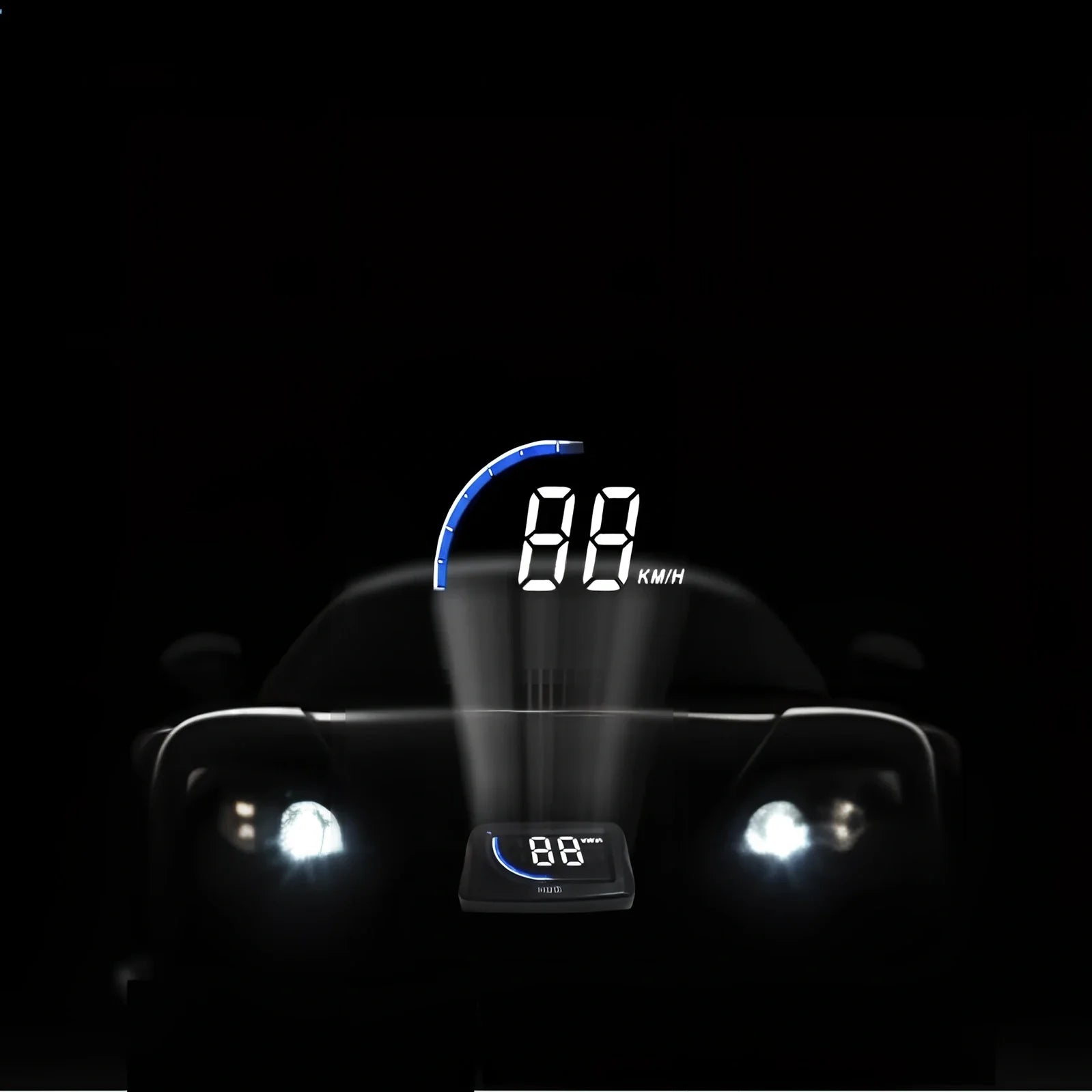 Black A101 OBD HUD display unit, 3-inch LED screen, 80mm x 50mm x 14mm size, showing speed projection