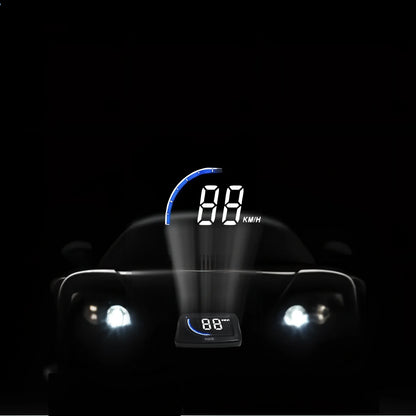 Black A101 OBD HUD display unit, 3-inch LED screen, 80mm x 50mm x 14mm size, showing speed projection