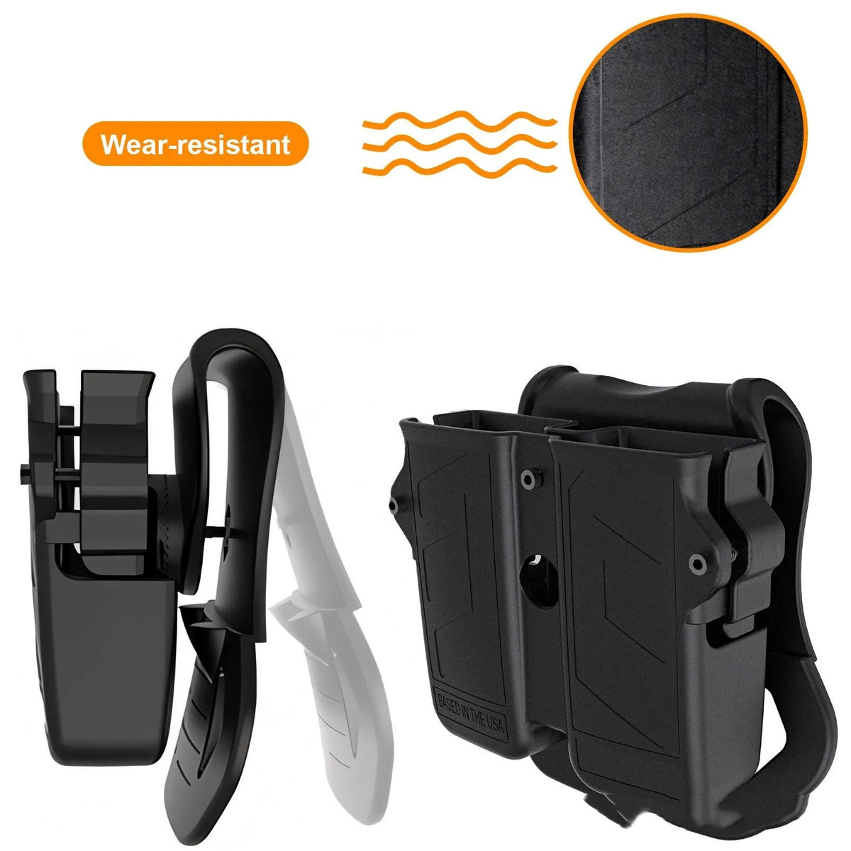 Black nylon magazine holder with a magazine inserted, set on a desk surface