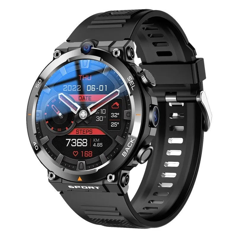 Run 2G Memory 16G coloured sports smartwatch with dual cameras and a touch screen on a wrist.
