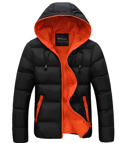 Blue hooded men's jacket with zipper, cotton filling, side pockets, M size 60 cm length and 104 cm bust