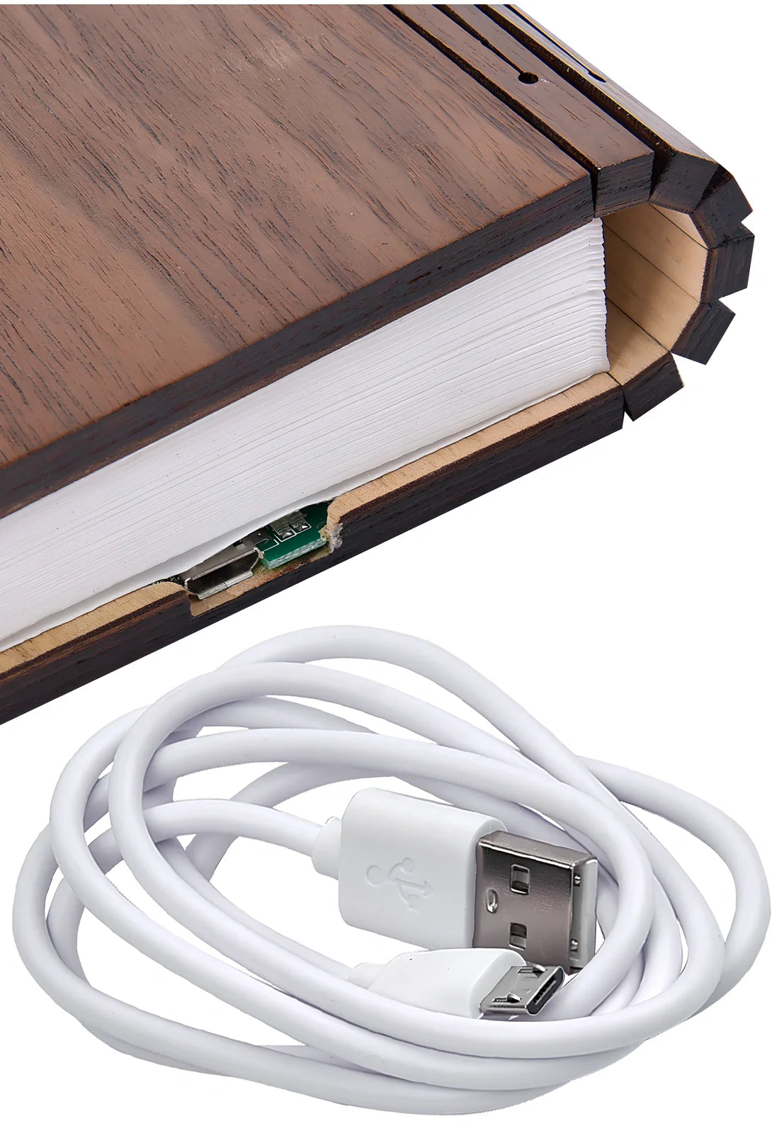 Wooden folding LED book light in walnut finish, open to 360 degrees showing warm white illumination on Tyvek pages, 21.5cm size