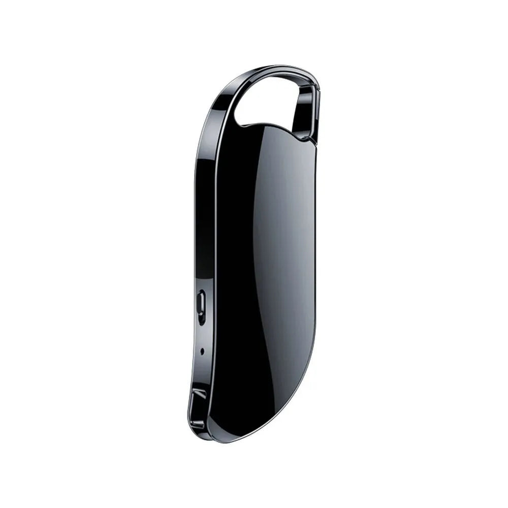 Black keychain digital voice recorder with metal shell and USB port